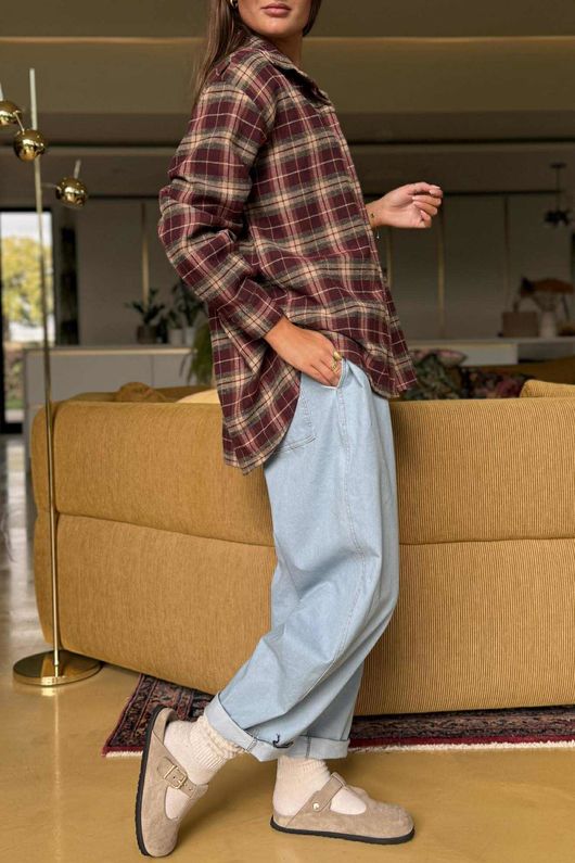 Patrick Plaid Brushed Cotton Shirt Burgundy